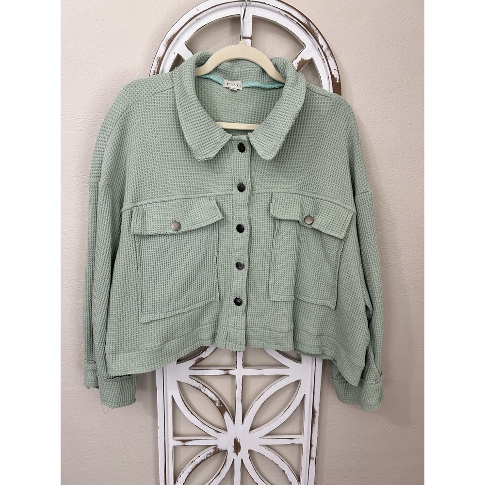 POL Large Green Waffled Knit Pockets Boho Shacket Jacket Crop Oversized